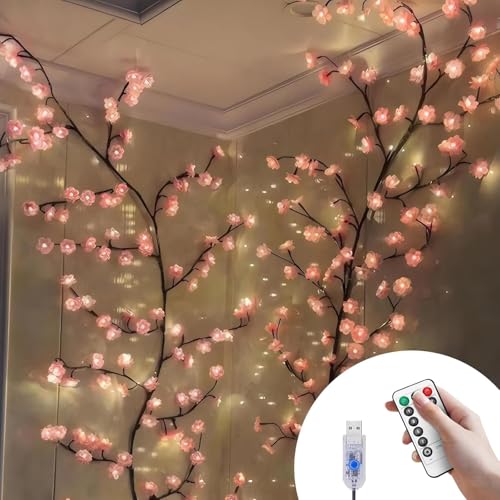 BomKra Kirschblüten Willow Vine Wand Deko - 144 LEDs Lichterkette Wanddeko mit Fernbedienung, 8 Modi, USB-Betriebene Timer, Weidenrebe Baum Lichter für Schlafzimmer Deko Weinachtsdekorationen