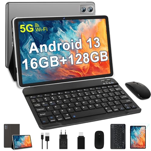 WOZIFAN Tablet 10 Zoll Android 13 Tablet, 16GB RAM + 128GB ROM (TF 512GB), MT8183 8-Core 2.0Ghz 5G WLAN Tablet, 13MP + 5MP/Google GMS/GPS/8000mAh/Bluetooth 5.0, Tablet mit Tastatur und Maus - Grau