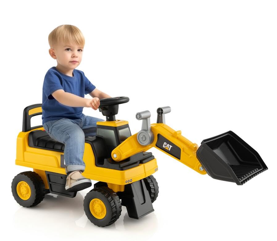 DREAMADE Sitzbagger, Bagger mit Lenkbarer Schaufel & Hupe, Rutschauto mit Stauraum unter Sitz, Aufsitzbagger mit Anti-Rutsch-Räder & Anti-Rollover-Vorrichtung für 1-3 Jahre (Bulldozer)