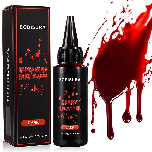 BOBISUKA Halloween Kunstblut 50ml Theaterblut - Fake Blood Tropfendes Realistisch, Abwaschbar und Sicher für Karneval, Film, Theater, Unfug, Simulierte Wunden(Dunkelrot)