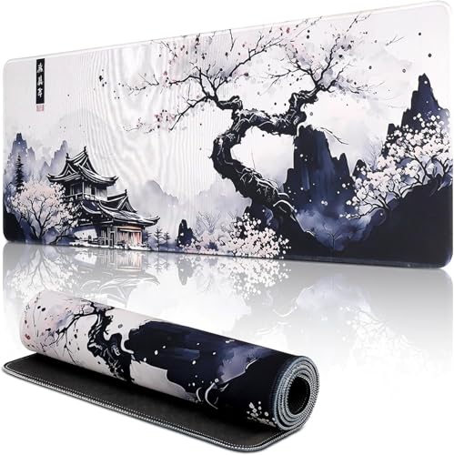 Mis.Moon Japanische Weiße Mauspad, Mauspad XXL Gaming, Große Kirschblüte Schreibtisch Matte, Anime Gaming Tastatur Matte, Rutschfeste Gummibasis, Großer Erweiterter Schreibtisch Schutz Für Home Office