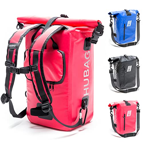 HUBAG 4in1 Fahrradtasche mit IPX6 Zertifizierung - 25L Groß - Wasserdicht & Reflektierend - Gepäckträgertasche, Fahrrad Rucksack, Umhängetasche und Drybag für Gepäckträger (in Pink-Rot)