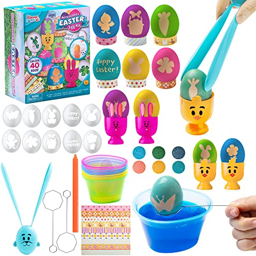 Klever Kits 40-teiliges Set zum Färben von Ostereiern, DIY-Set zum Dekorieren von Ostereiern mit Farbtabletten, Eierständer und Eierschablonen für Osterpartys, kreative Aktivität, Eiersuche