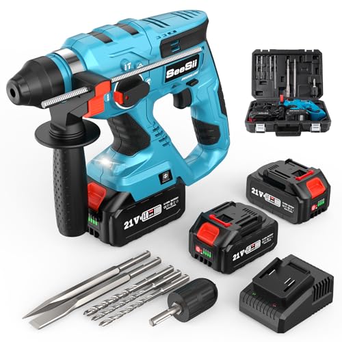 Seesii Akku Bohrhammer: 2 x 4000mAh Batteries, 2.1J Brechkraft, Bürstenloser Motor, SDS-plus, Akku Schlagbohrmaschine mit Hammerbohrer, Bohren, Meißeln für den Heimgebrauch und Bauarbeiten