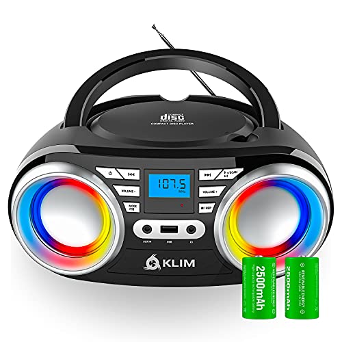 KLIM Boombox B3 Tragbarer CD Player + FM Radio, CD, MP3, Bluetooth, AUX, USB, RGB LED + kabel- & kabelloser Betrieb mit wiederaufladbaren Akku + Verbesserte CD-Laserlinse + Digitaler EQ + 2024 Version