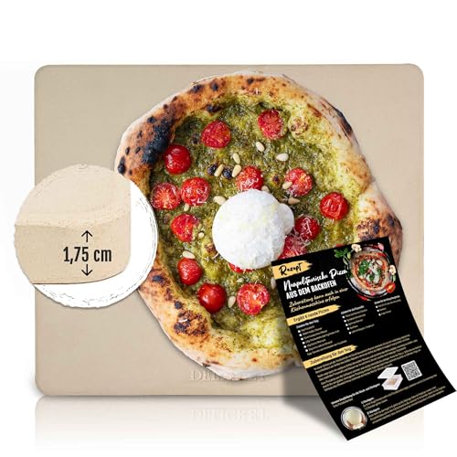 DELICRET - Pizzastein für Backofen | 33x38x1,75cm - für Pizzen bis Ø33cm - inkl. Backanleitung für eine echte Pizza Napoletana moderna