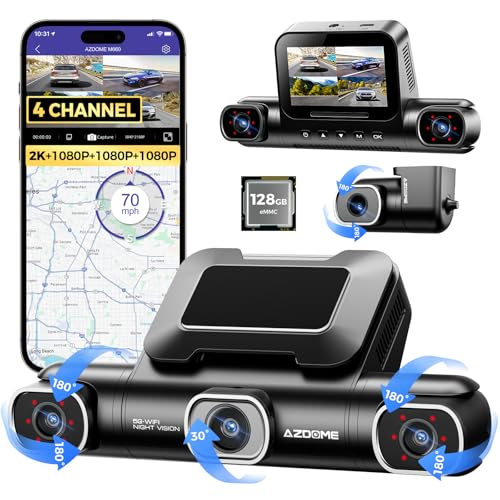 AZDOME 4 Kanal 4K dashcam Auto 360 Grad mit 128GB eMMC, 2.5K+3 * 1080P Dashcam, 5G WiFi, Sprachsteuerung Dashcam Auto Vorne Hinten, IR Nachtsicht, Parkmodus, Erinnerung bei Müdigkeit am Steuer(M660)