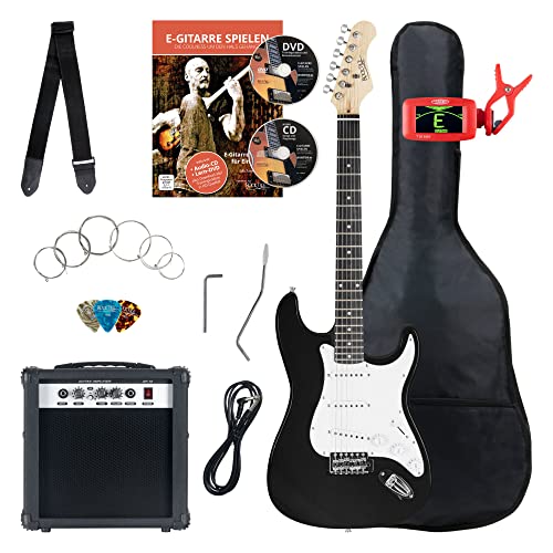Rocktile ST-Pack Komplettset E-Gitarre Black (Verstärker, Stimmgerät, Tremolo, Tasche, Kabel, Gurt, Plecs, Ersatzsaiten und Schule mit CD/DVD)