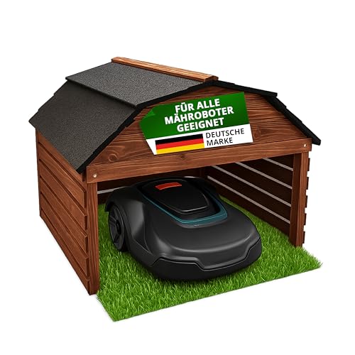 SEHR BELIEBT! Mähroboter Garage aus Kiefernholz [77,5 x 73 x 63 cm] - Rasenroboter Garage BRAUN [wetterfest] Mähroboter Garage [Made IN Europe]