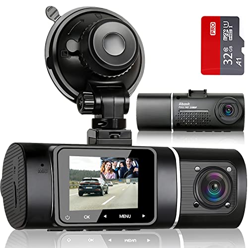 Abask J05 Dashcam Auto 1080P Dash Cam Vorne Innen mit 32GB SD-Karte, 310° Weitwinkelansicht, Autokamera mit Parküberwachung, Bewegungserkennung, Infrarot Nachtsicht, G-Sensor, Loop-Aufnahm, HDR, Akku