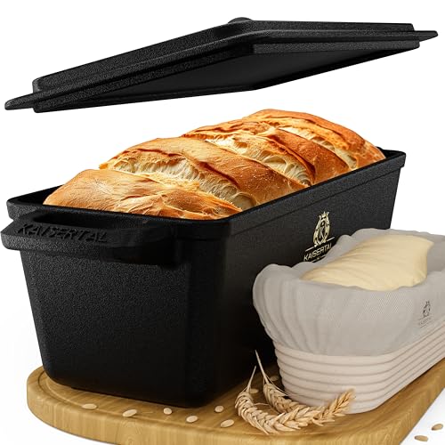 KAISERTAL Gusseisen Brotbackform mit Deckel & Gärkorb 28cm – Robuste Gusseisen Topf Brot Backen – Ideal als Brotform, Brottopf, Kastenform Brot und Brotbackformen - inkl. Backen Zubehör