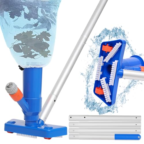 Poolsauger Staubsauger - 143cm Pool Sauger mit Bürste & 4 Abnehmbare Verstärkung Aluminiumstange, Schwimmbad Teich Jet Vakuumkopf mit Laubsack für Reinigung Saugen Pool Boden Mini-Reiniger für Brunnen