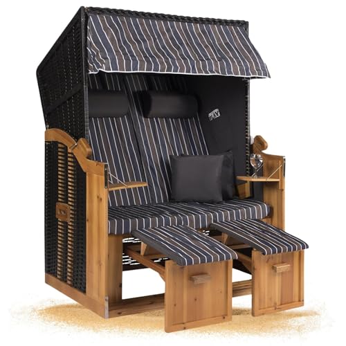 Strandkorb Hanse Strandkorb Ostsee XXL Volllieger Anthrazit - 2-Sitzer 120cm breit, ideal für Garten, Terrasse und Balkon (Blau Braun Weiß Gestreift, Zerlegt)