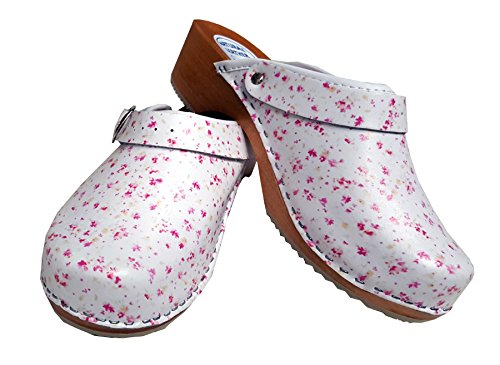 Aves-24 Clogs Pantolette Blumen Punkte Sandalette Holz + Leder Tolle Farben Holzschuhe (38, Blumen Rosa)