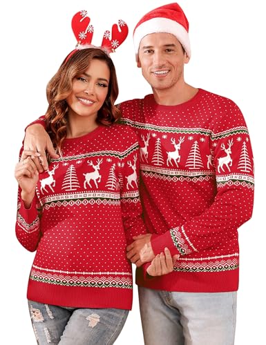 Aottori Weihnachten Pullover Damen Weihnachtspullover Familie Set Rentiermuster Christmas Reindeer Strickpullover Unisex Christmas Sweater Damen-Rot M