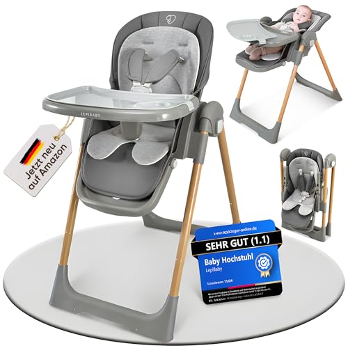 LepiBaby FlexiCo Hochstuhl Baby mit Liegefunktion & Neugeborenenaufsatz, Klappbar & Höhenverstellbar | Kinderstuhl Kinderhochstuhl Babystuhl | Mitwachsend Kinder ab Geburt, 1-3 Jahre | Grau