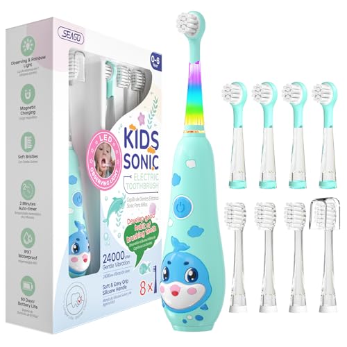 Seago Elektrische Zahnbürste Kinder 0-6 Jahre mit buntem LED Licht, Smart Timer, wiederaufladbare Baby Zahnbürste mit 8 weiche Ersatzbürstenköpfen, IPX7 Wasserdicht, SG2139(Blau)…