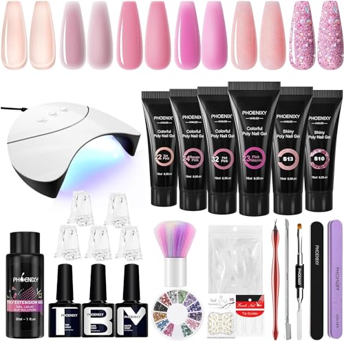 Phoenixy Poly Nägel Gel Set, 6 Farben Poly Nail Gel Starter Set Lila Rosa Komplett mit UV Lampe 36W und Slip Solution Base Top Coat Selber Machen zu Hause