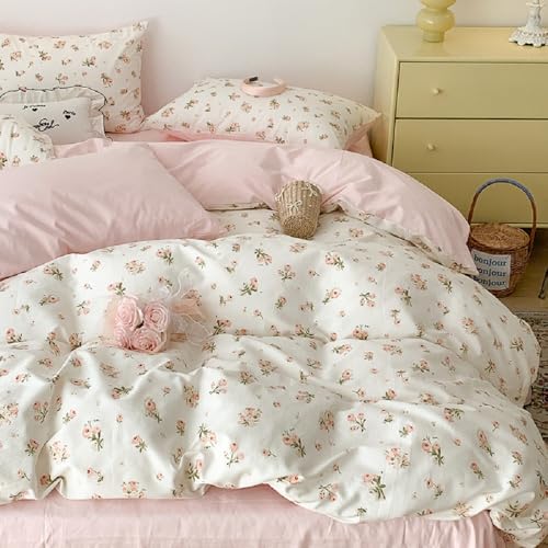 Lanqinglv Bettwäsche 135x200 cm Rosa Weiß Blumen Blätter Wende Bettwäsche für Allergiker,Aesthetic Bettwäsche Set ÖKO-TEX Bettbezug mit Reißverschluss und 1 Kissenbezug 80x80 cm