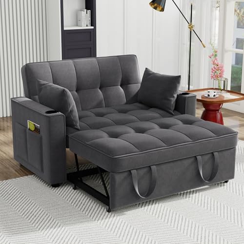 Merax Schlafsofa mit Bettkasten, 2-Sitzer Sofa mit Schlaffunktion, Klappbares 3-in-1 Schlafcouch mit Verstellbarer Rückenlehne, Getränkehalter und Armlehnentaschen, aus Samt, Grau 137 x 76.5 x 83 cm