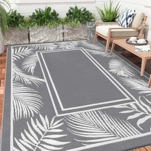 Enyhom Outdoor Teppich Wetterfest, 240x300 cm Grau Wendbarer Balkon Camping Teppich Leichtgewicht Picknickdecke Kunststoff Terrasse Matte UV-beständige Wasserdichter Garten RV für Strand