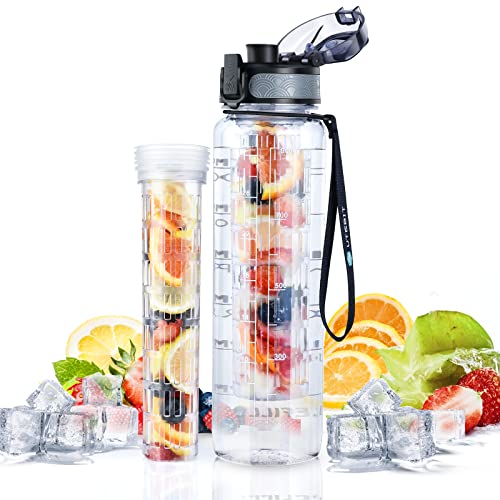 UTEBIT Trinkflasche 1L mit Fruchteinsatz, BPA-Frei Tritan Flasche Fruchteinsatz mit Zeitmarkierung Wiederverwendbare Wasserflasche mit Einsatz Obst Auslaufsichere Sportflasche für Sport und Outdoor