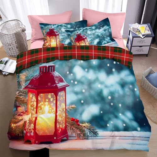 NAWVNMI Weihnachtskerzen Bettwäsche 140x200cm - Weihnachtsbettwäsche aus Mikrofaser - Schneetag - Winter Bettbezug Weihnachten + Kissenbezug 80x80cm
