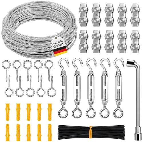 30M 3mm Drahtseil Set,304 Edelstahl Seilspanner Spannschloss,stahlseil ummantelt,drahtseil mit ösen Seilspanngarnitur,edelstahlseil für Wäscheleine, Gardinenseil,Outdoor Rankhilfe,Deck-Kabel-Reling