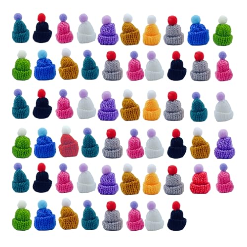 ONEBO 58 Stück Mini strickmützen,Wollgarn Mini Hut,Weihnachten Strick Mütze,für DIY Basteln Kunsthandwerk Weihnachtsschmuck (Zufällige Farben)