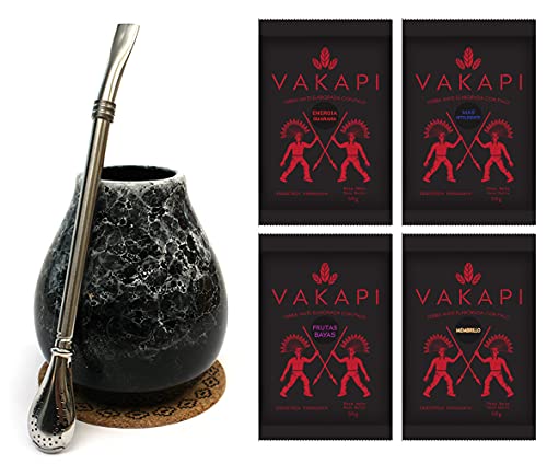 Mate Green Mate Becher Set | Mate Tee Starter Set | Keramik Becher Marmol Dark 350ml, Edelstahl Bombilla, Vakapi Mate Tee aus Paraguay | Kaffee Alternative | Starke Anregung, Blau