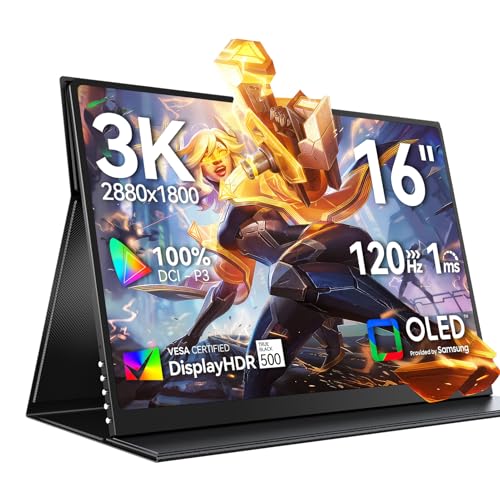 Portable Monitor OLED 3K 120Hz 16 Zoll mit 100000:1 500 Nits 2880*1800 16:10 DCI-P3 1ms Ansprechzeit Bildschirm Mini HDMI USB C für PC Laptop Handy Xbo Switch PS5, Metallgehäuse, VESA-kompatibel