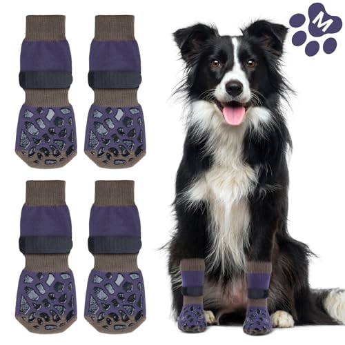 Oiyeefo Anti-Rutsch Hundesocken, 2 Paar Verletzungen Pfotenschutz Innenräume Hundeschuhe mit Verstellbarem Klettverschluss und Doppelseitige Silikongel für Kleine Mittlere und Große Hunde (Größe M)