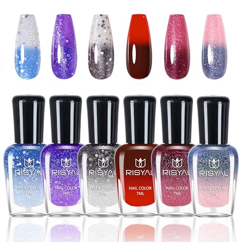 6 Farben Temperaturgesteuerter Farbwechsel Nagellack Set - Farbwechselnder Nagellack, Kein UV-Licht erforderlich Für Frauen & Mädchen DIY Nageldesigns, Rosa/Violett/Blau/Schwarz/Weiß/Rot (Colorful C)
