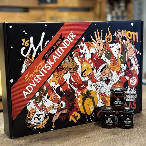 Chili- und BBQ-Adventskalender mit 24 Produkten | von mild bis höllisch | Geschenk für Advent und Weihnachten | Geschenk für Männer | Version mit Türchen | 943g Füllgewicht