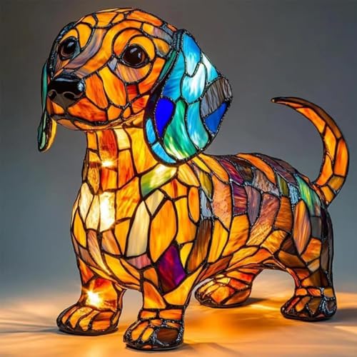 Dackel Lampe, 3D Dackel Deko Lampe, Nachtlicht der Hundeserie, LED Hunde Tischlampe aus Gebeiztem Kunstharz, Niedliche Dackel Figuren mit Warmem Licht für Vintage Deko, Geschenk für Hundeliebhaber (A)
