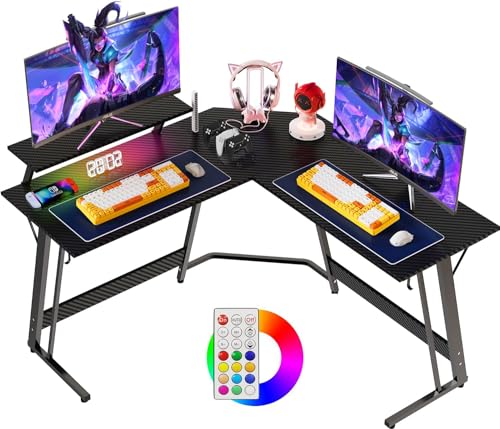 Devoko Eckschreibtisch Gaming Tisch 130cm mit LED, Gaming Schreibtisch L Form mit Monitorständer, Gaming Desk mit Headset Haken, Gaming Tisch L-förmiger,Groß Pc Ecktisch,Schwarz