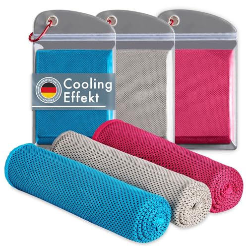 Blumtal Kühlhandtuch 3er Set - kühlendes Handtuch als Sporthandtuch - Mikrofaserhandtuch mit Kühlfunktion - Fitness Handtuch 100x30 cm mit Tasche - Kühltuch - Erfrischungstücher in Blau, Grau, Pink