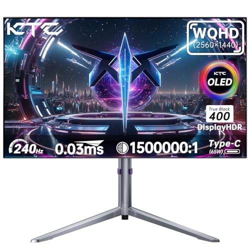 KTC OLED Gaming Monitor 27 Zoll WQHD 1440P - 65W USB C (Unterstützt Videoausgang), 240Hz / 0.03ms GTG, 100% DCI-P3, DisplayHDR True Black 400, FreeSync & G-Sync, Integrierte Dual-Lautsprecher - Weiß