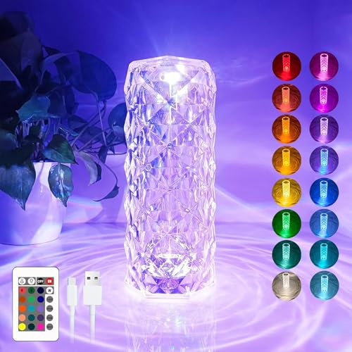 LED Tischlampe aus Kristall, Crystal Diamond Lamp, Kristall Lampe, Acryl Diamant Nachttischlampe [16 Farben & 4 Modi ] Mit Fernbedienung, RGB Farbwechsel Nachtlicht, USB Aufladbar Acryl Tischleuchte