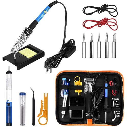 Sondiko Lötkolben Set, 60W/220V Lötkolben mit Einstellbarer Temperatur, Ein/Aus Schalter, 5 Wechselspitzen zum Löten, Holzgravur, Heißschneiden, Brandmalerei，Lötset für Elektrische Arbeiten