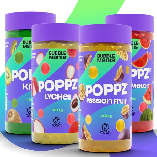 BubbleMania POPPZ® Bubble Tea Perlen | 4er-Pack Fruchtperlen – Wassermelone, Litschi, Kiwi, Maracuja | Vegane Boba Tapioka Perlen für Getränke & Desserts