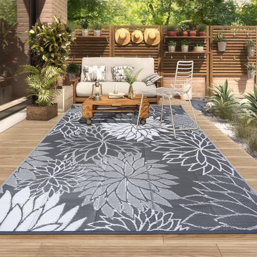 SHACOS Outdoor Teppich Wetterfest Grau 180x270 cm Balkonteppich Wasserfest Gartenteppich Groß Außenteppich Kunststoff Stroh Outdoor Teppiche für Terrasse, Garetn, Camping, Hinterhof, Picknick