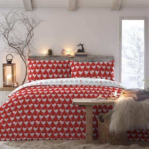 Fusion - Weihnachts-Bettbezug – Einzelbettgröße (140 x 200 cm) – Rotkehlchen-Design – Wendbares Bettwäsche-Set für Erwachsene – 2 Teile, 100% Polybaumwolle