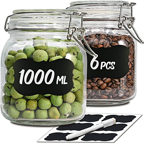 Praknu 6 Einmachgläser mit Bügelverschluss 1l - Mit Etiketten, Stift und extra Silikondichtungen - Platzsparend durch eckige Form - Spülmaschinenfest