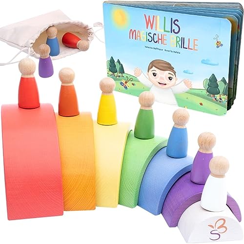 SCHMETTERLINE® Regenbogen-Holz Spiel inkl. Holzfiguren & Vorlesebuch Willis magische Brille – Montessori-Regenbogen Spielzeug für Kinder ab 3 Jahren – Holz-Lernspielzeug mit Regenbogen & Holzpuppen