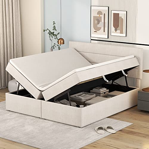 Kehun Boxspringbett Polsterbett 140x200, Doppelbett mit Lattenrost aus Metallrahmen, Bett mit Großer Stauraum und Kopfteil, Stauraum Betten Bettrahmen für Familie, Leinen, Beige, ohne Matratze