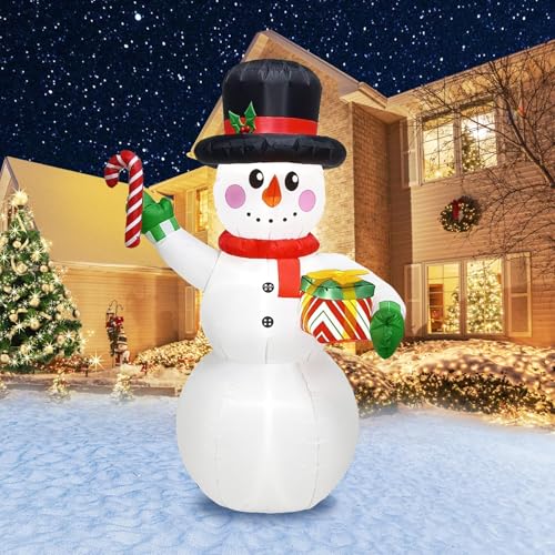 PARAYOYO 6 FT (180 cm) Aufblasbarer Weihnachtsschneemann mit Zuckerstange, aufblasbarer Weihnachtsschneemann mit Geschenkbox, 4 integrierte helle LED-Lichter für Weihnachtsdekoration im Garten