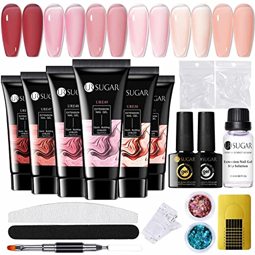 UR SUGAR Poly Gel Nägel Set, Nagelverlängerung Builder Gel Kit 6 Farben Polygel Farben Tube set mit Base Top Coat Slip Lösung Builder Natur Rosa Nude Pink Extension Gel Maniküre Set DIY at Home