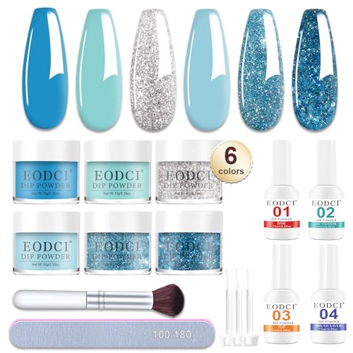 Eodci 12Pcs Dip Puder Nagel Set, 6 Farben Glitzerndes Blaues Schnee Tauchpulver Set mit Basis Decklack/Aktivator/Pinselschoner Dipping Powder French Nagelkunst Starter Maniküre für Home & Salon