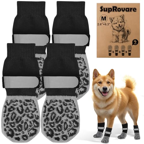 SupRovare 4 Stück Hundesocke mit Klettverschluss Riemen Leuchtband,hundesocken Anti Rutsch, Hunde Schuhe Outdoor,Leopardenmuster Hundesocken Leckschutz,Socken Hund Pfotenschutz Hund Verletzung(M)